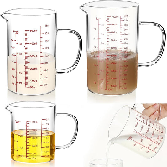 Lallisa 3 Pack High Borosilicate Glass Measuring Cups Set with Handle V Shaped Spout, 4, 2, 1 Cup 3 Scales (Oz, Cup, Ml) for Kitchen Restaurant Baking Cooking, Easy to Read, Clear(White Scale)