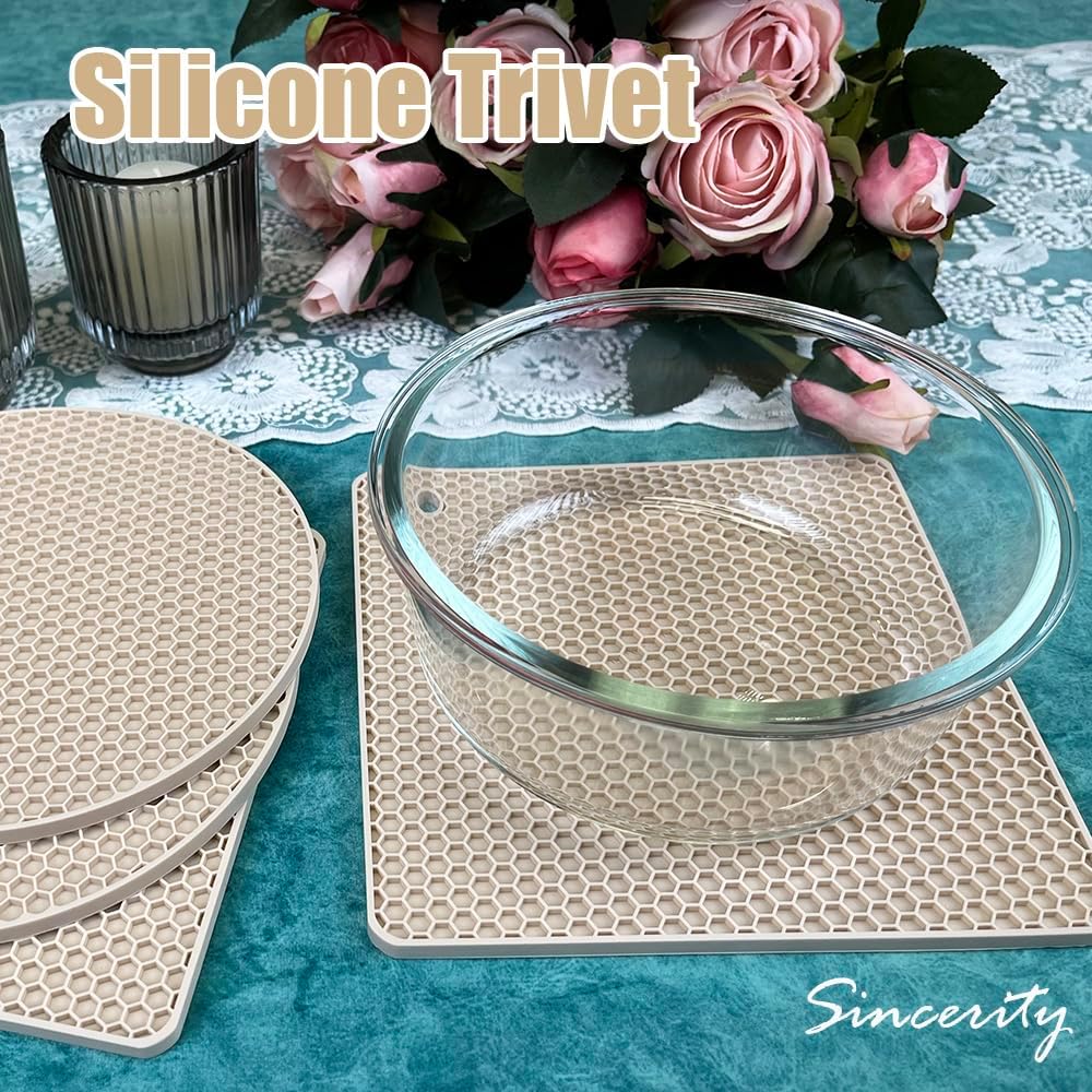 4 Pieces Silicone Trivet Mats, Pot Holders, Kitchen Tools, Heat Resistant Non-Slip Durable Pads for Dishes, Bowls, Jar Opener, Easy to Wash and Dry Pan Cushions (Beige)
