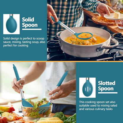 P&P CHEF Black Kitchen Cooking Utensil Set of 4, Silicone Solid Spatulas Slotted Spoons Turners for Non-stick Cookware Flipping Mixing, Heat-proof