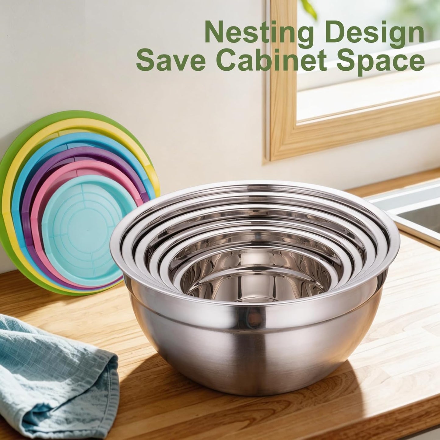 Stainless Steel Mixing Bowls with Lids Set, 6 Nesting Kitchen Bowls 0.7-4 QT, Metal Mixing Bowls with 3 Grater Attachments, Dishwasher Safe for Prep, Mixing, Serving & Storage