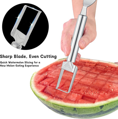 2-in-1 Watermelon Slicer & Fork – Stainless Steel Fruit Cutter Tool for Watermelon, Mango, Pitaya – Portable for Camping, Picnics, Home, Parties – Effortless Cubes & No Mess