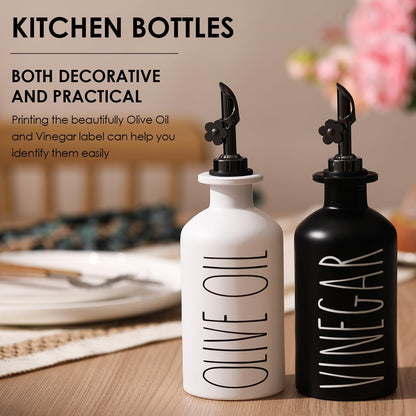 HOMCDALY Premium Olive Oil Dispenser for Kitchen, 11.8oz Glass Oil Bottles with Bamboo Tray, White and Gold Oil&Vinegar Cruet Set, Kitchen Dispenser Bottles with Pourer| Set of 2 (11.8oz –P–Gold)