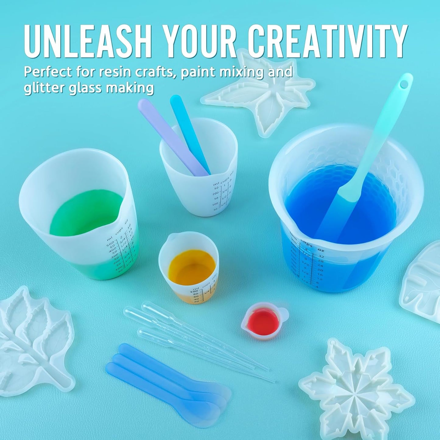 Silicone Resin Mixing Measuring Cups for Resin Supplies, Easy-to-read Marks, 600ml/20oz Bowl, 250&100ml Thickened Reusable Silicone Cups for Epoxy Mixing, with Stir Sticks, Jewelry Making