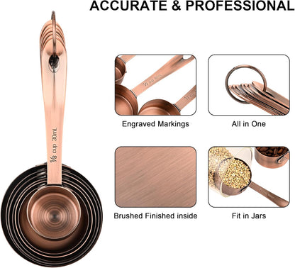 Copper Plate Measuring Cups and Spoons Set of 12, Copper Measuring Cups and Spoons Set with Leveler, Stainless Steel Measuring Spoons & Cups for Dry & Liquid Ingredients During Kitchen&Baking