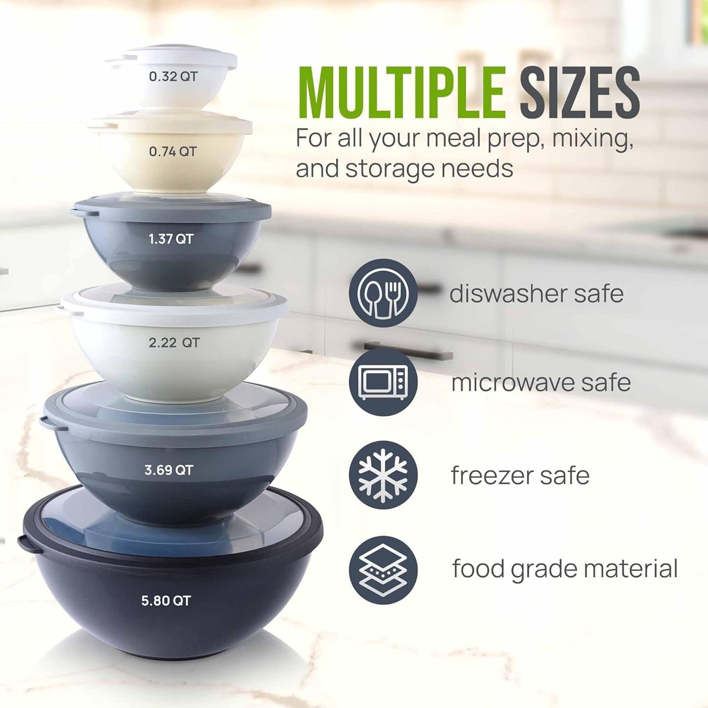 Zulay Kitchen 12 Piece Plastic Mixing Bowls with Lids Set - Leak-Proof Microwave & Freezer Safe Stackable Mixing Bowl Set for Preparing, Serving and Storing - Non-Slip Large Nesting Bowls (Blue Ombre)