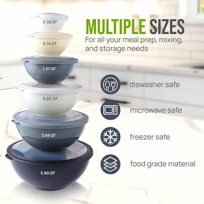 Zulay Kitchen 12 Piece Plastic Mixing Bowls with Lids Set - Leak-Proof Microwave & Freezer Safe Stackable Mixing Bowl Set for Preparing, Serving and Storing - Non-Slip Large Nesting Bowls (Blue Ombre)