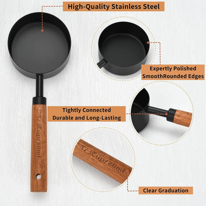 8-Piece Food-Grade Measuring Cups and Spoons Set, Nonstick Black Kitchen Measure Set with Non-Slip Wooden Handle, Engraved US & Metric Markings for Cooking & Baking