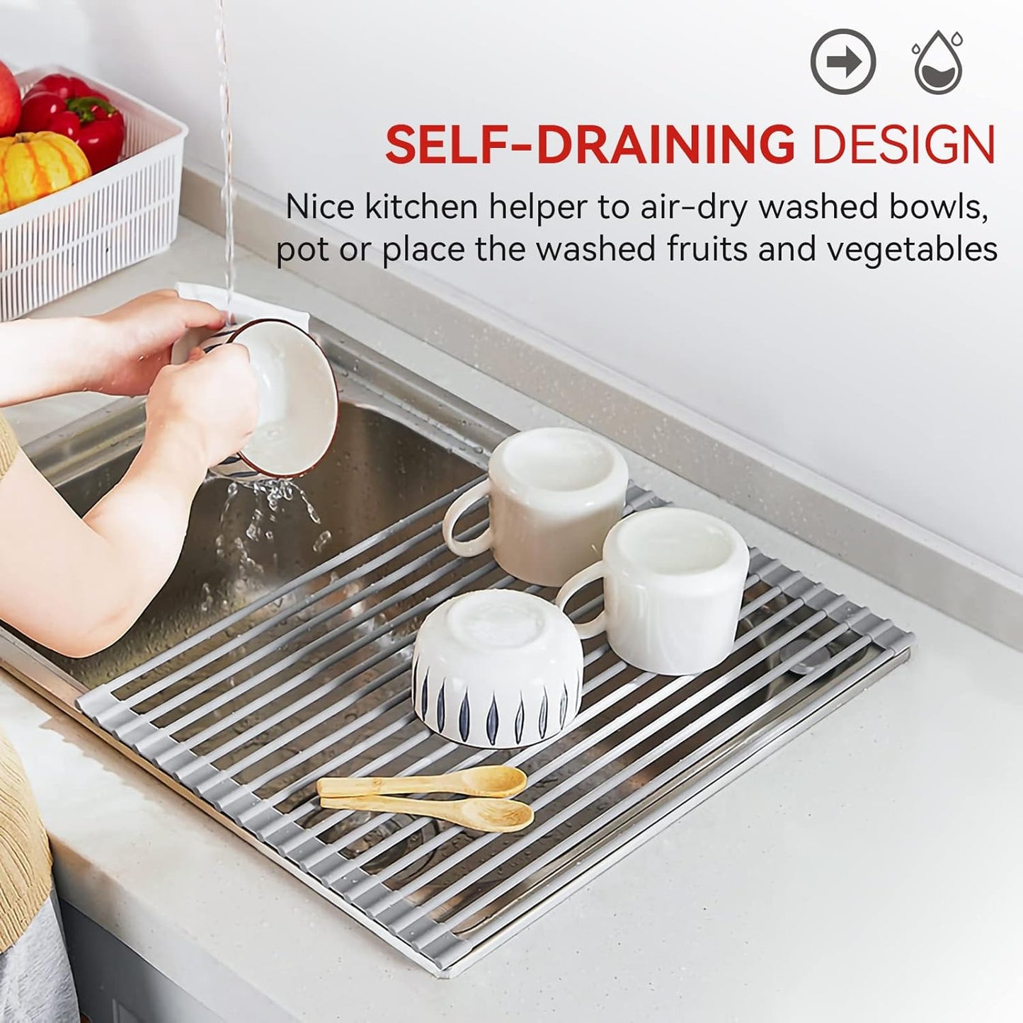 MERRYBOX Roll Up Over The Sink Dish Drying Rack Silicone Wrapped Foldable, Heat-Resistant, Anti-Slip Sink Rack Multipurpose Dish Drainer for Kitchen Sink Counter - White, 17.5" x 11"