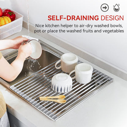 MERRYBOX Roll Up Over The Sink Dish Drying Rack Silicone Wrapped Foldable, Heat-Resistant, Anti-Slip Sink Rack Multipurpose Dish Drainer for Kitchen Sink Counter - White, 17.5" x 11"