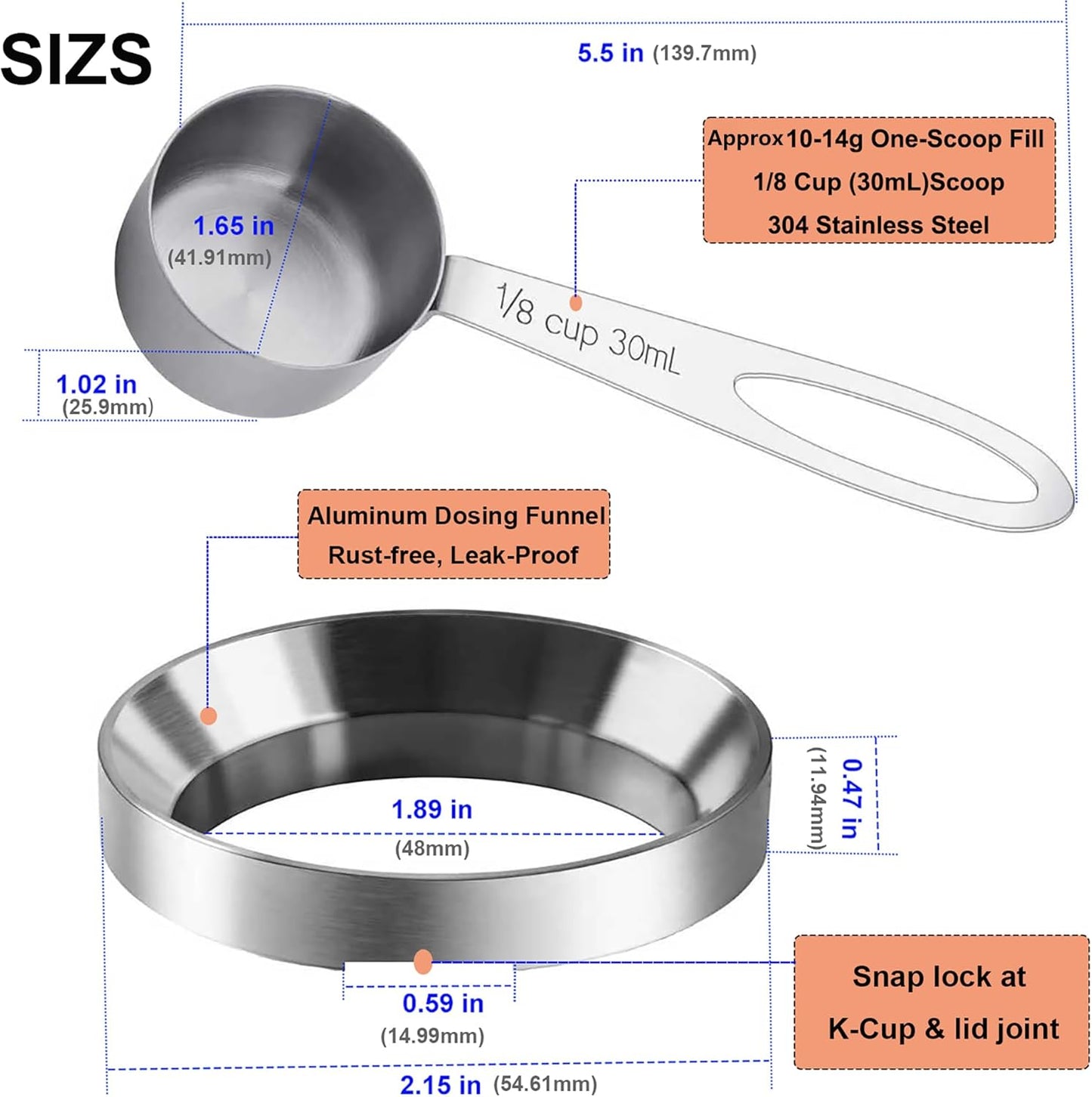 Reusable K Cup Refill Kit, 304 Stainless Steel 30ML Coffee Scoop & Aluminum Dosing Funnel, Fits Keurig 1.0 & 2.0 Reusable Metal/Plastic K-Cups Silver