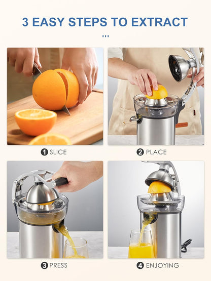 Professional Brushed Stainless Steel Electric Citrus Juicer, 2 Interchangeable Cones for Orange, Lemon & Grapefruit, Easy Clean, Durable Design & Effortless Operation