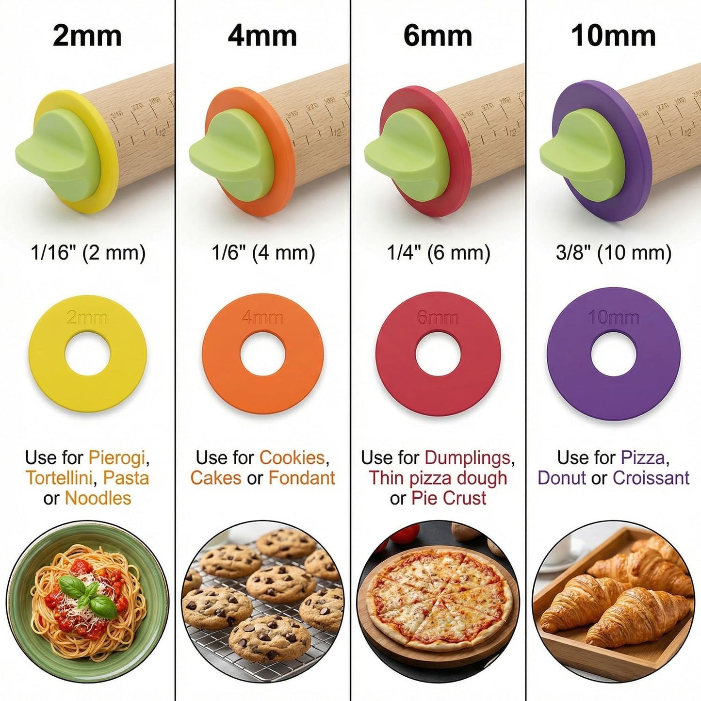 Rolling Pin With Thickness Rings, Adjustable Wooden Rolling Pin Set, 17 inch Rolling Pins for Baking, Biscuit, and Dough Kneading, Pizza Dough, Paster Roller