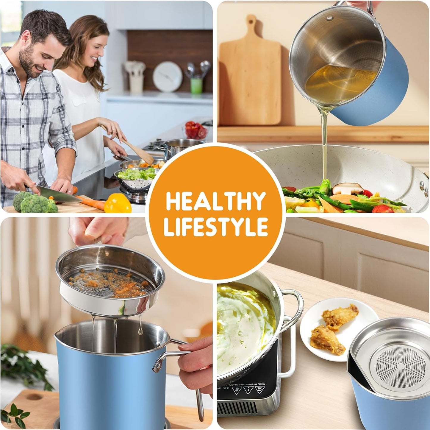 Chihee Grease Container Stainless Steel Bacon Grease Saver with Fine Mesh Strainer 2L / 67.6 fl oz Cooking Oil Keeper Stoarge Can with Dust-proof Lid Non-slip Tray for Kitchen Frying