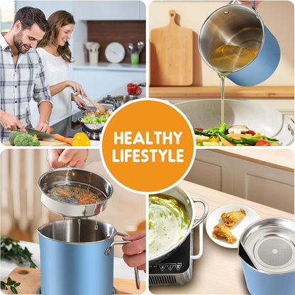 Chihee Grease Container Stainless Steel Bacon Grease Saver with Fine Mesh Strainer 2L / 67.6 fl oz Cooking Oil Keeper Stoarge Can with Dust-proof Lid Non-slip Tray for Kitchen Frying