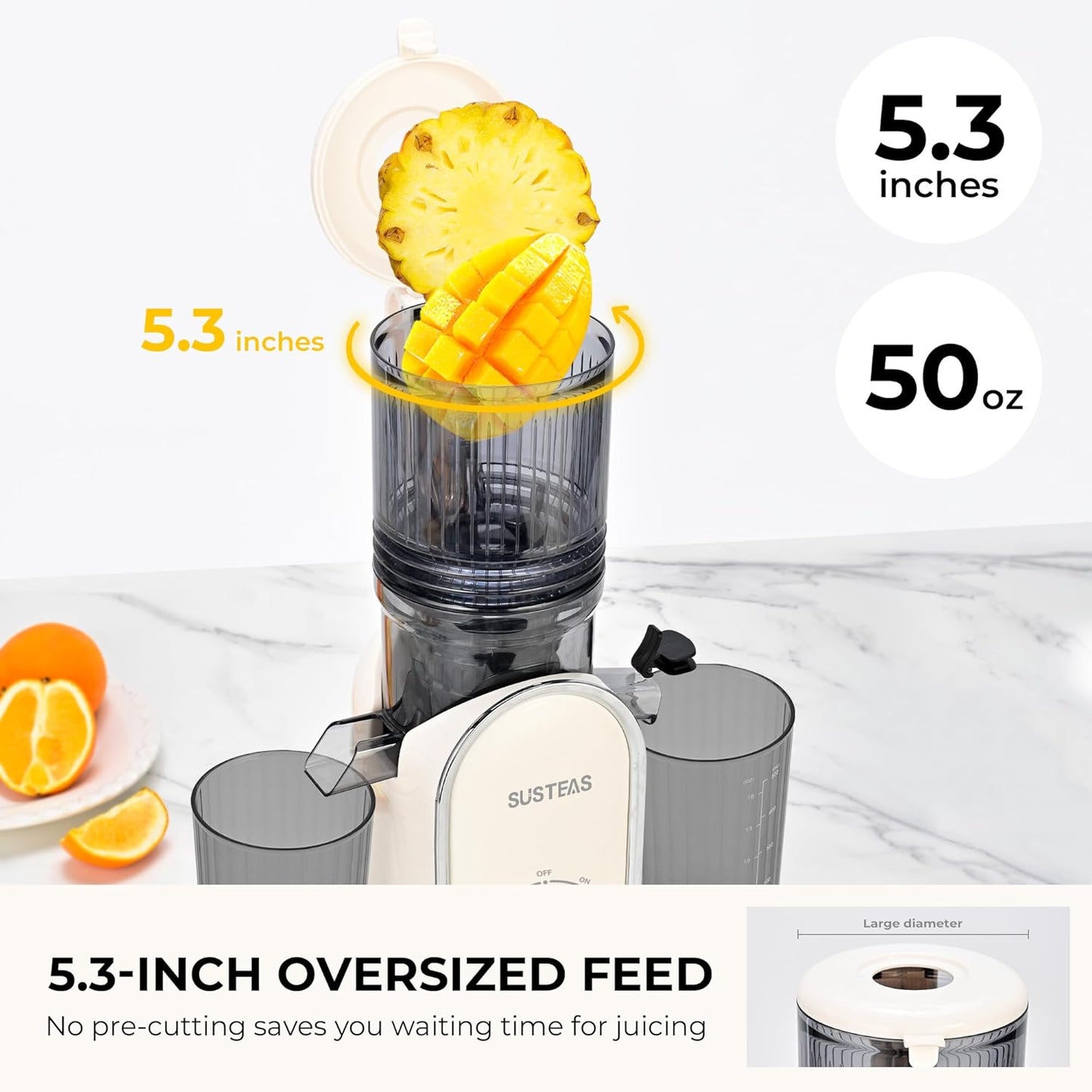 SUSTEAS Cold Press Juicer, 300W, 5.3" Large Feed Chute, 1.5L Capacity, Automatic Feeding, High Yield, Easy to Clean, Ideal for Whole Fruits & Vegetables, Black
