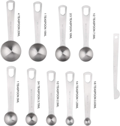 Measuring Cups Set, 18/8 Stainless Steel Measuring Cups and Spoons Set, 8 Kitchen Measuring cups & 9 Baking Measuring Spoons & Magnetic Conversion Chart&Leveler&Rings-Metal Measure Cups&Spoons