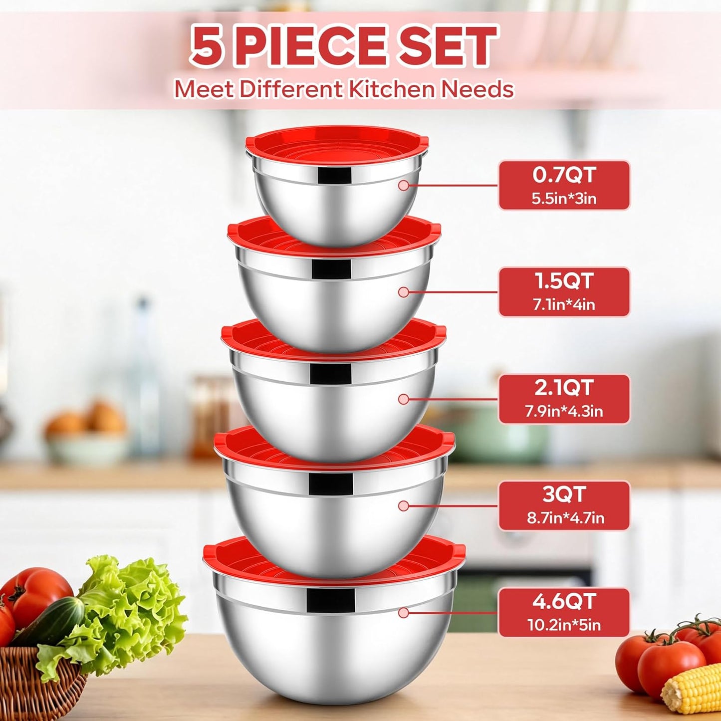 E-far Mixing Bowls with Lids, 6-Piece Stainless Steel Salad Bowls Metal Nesting Bowls for Baking Cooking and Prepping, Airtight Lids & Stackable Design, Size 4.5, 3, 1.5 QT (Black)