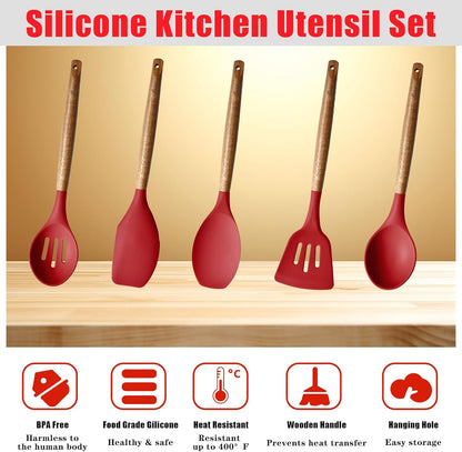 Kitchen Utensils Set, Silicone Cooking Utensils Set,Non-Stick Silicone Spatula Set with Natural Acacia Hard Wood Handle, 5 Piece, Upgraded Thickened Cookware