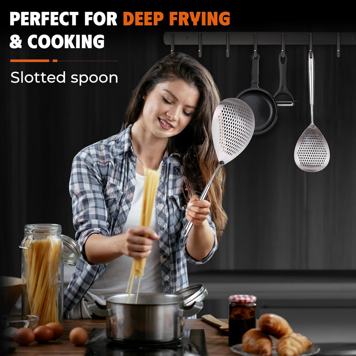 MARTE Skimmer Slotted Spoon Set of 4 - Kitchen Pasta Strainer Spoon - Spider Strainer Skimmer Ladle Spoon with Holder for Cooking and Frying Food, Spaghetti, Vegetable, Dumpling - 14.8In,16.5In,17In