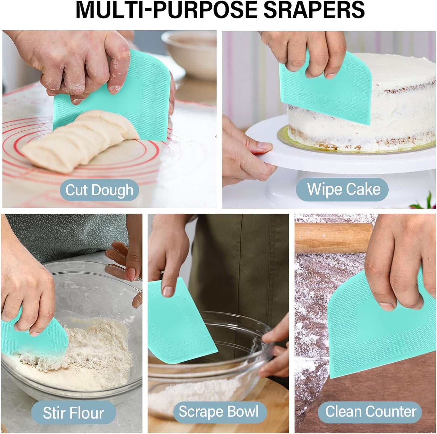 Ecavria Bench Scraper, Premium Stainless Steel Dough Scraper with 2 PCS Flexible Bowl Scraper, Dough Cutter with Measuring Scale, Versatile Kitchen Scraper Set for Pastry Bread Pizza Cake