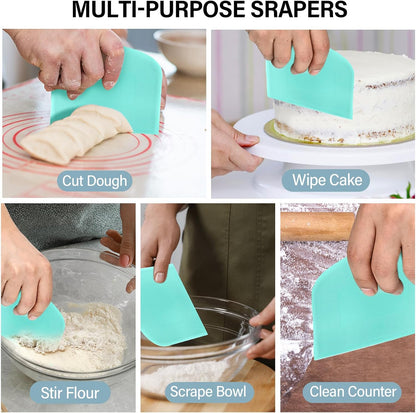 Ecavria Bench Scraper, Premium Stainless Steel Dough Scraper with 2 PCS Flexible Bowl Scraper, Dough Cutter with Measuring Scale, Versatile Kitchen Scraper Set for Pastry Bread Pizza Cake