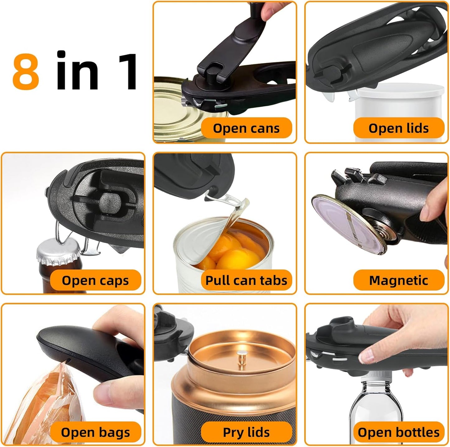 8 in 1 Multifunctional Can Opener, Black Smooth Edge Bottle Opener with Magnetic,360°Rotating Handle Can Opener Manual