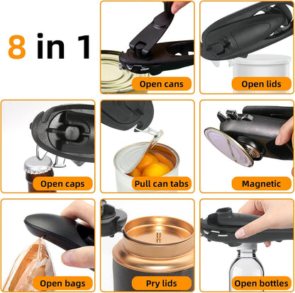 8 in 1 Multifunctional Can Opener, Black Smooth Edge Bottle Opener with Magnetic,360°Rotating Handle Can Opener Manual