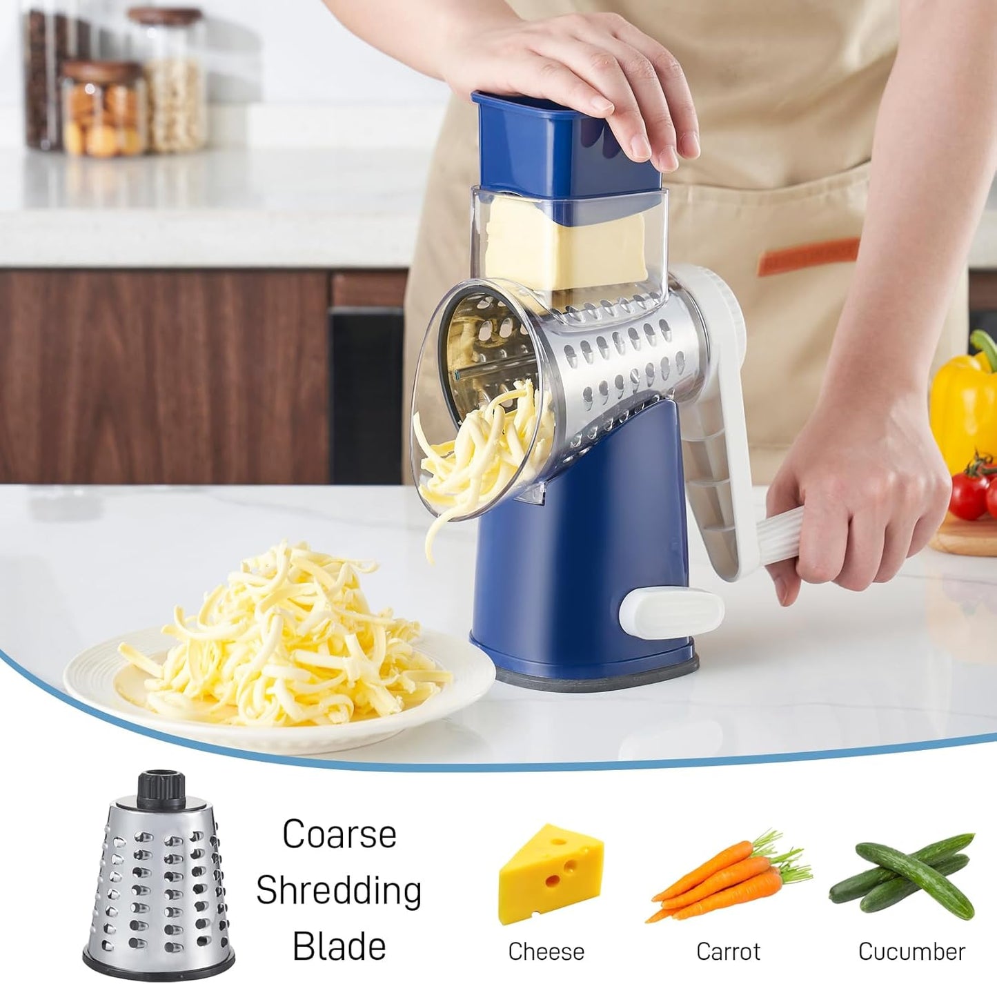 VEKAYA Rotary Cheese Grater Hand Crank with 4 Interchangeable Stainless Steel Blades, Large Manual Handle Shredder and Waffle Slicer for Vegetables, Cheese and Nuts with Table Suction Base(Blue)
