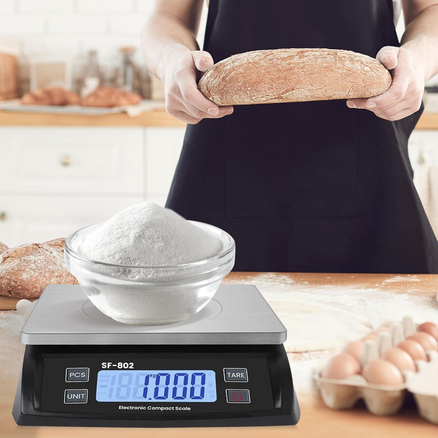 Large Digital Kitchen Scale 30kg/66lb Food Scale for Baking Cooking Stainless Bread Scale with LCD Display Counting Scales for Coins Adapter Included(Stainless Black)