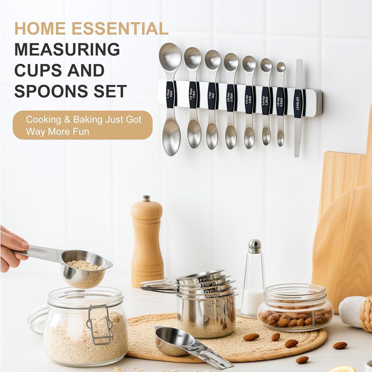 EWFEN Measuring Cups and Spoons Set, 7 Stainless Steel Nesting Measuring Cups & 7 Spoons, 5 Mini Measuring Spoons & 2 Detachable Rings, Kitchen Gadgets for Cooking & Baking, Round