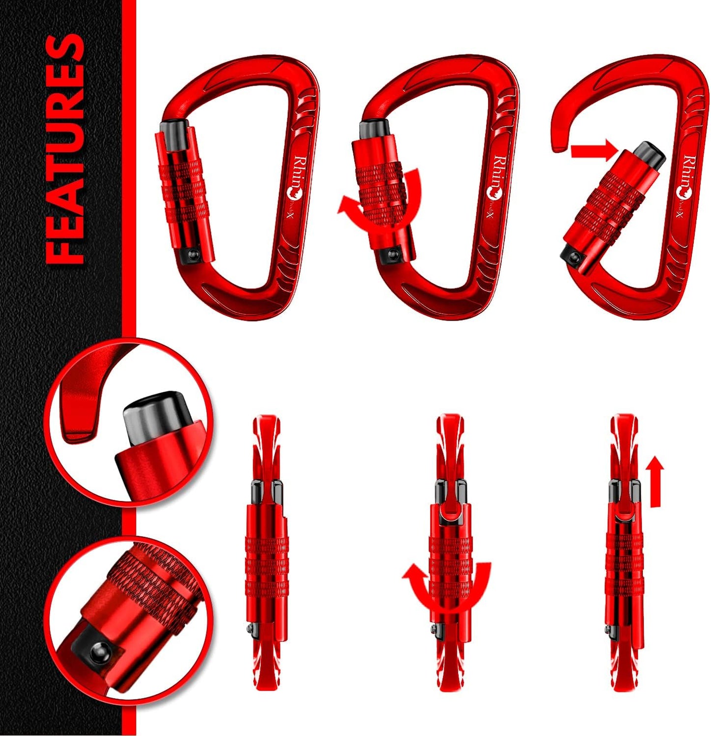 Rhino Produxs 12kN (2697 lbs) Heavy Duty Carabiner Clips, for Securing Pets, Outdoor, Camping, Hiking, Hammock, Dog Leash Harness, Keychains