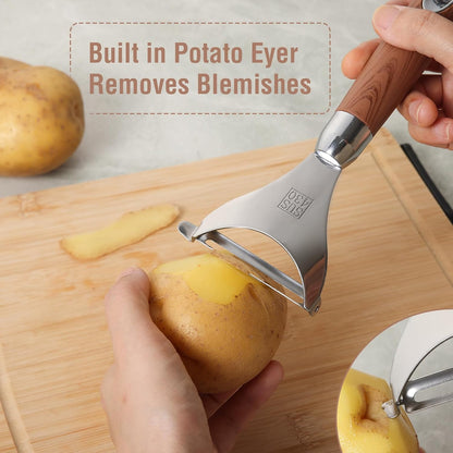 HiFind Premium Stainless Steel Multifunctional Kitchen Fruit and Vegetable Peeler with Natural Wood Handle，Ultra Sharp Strong Blade - 2 PCS