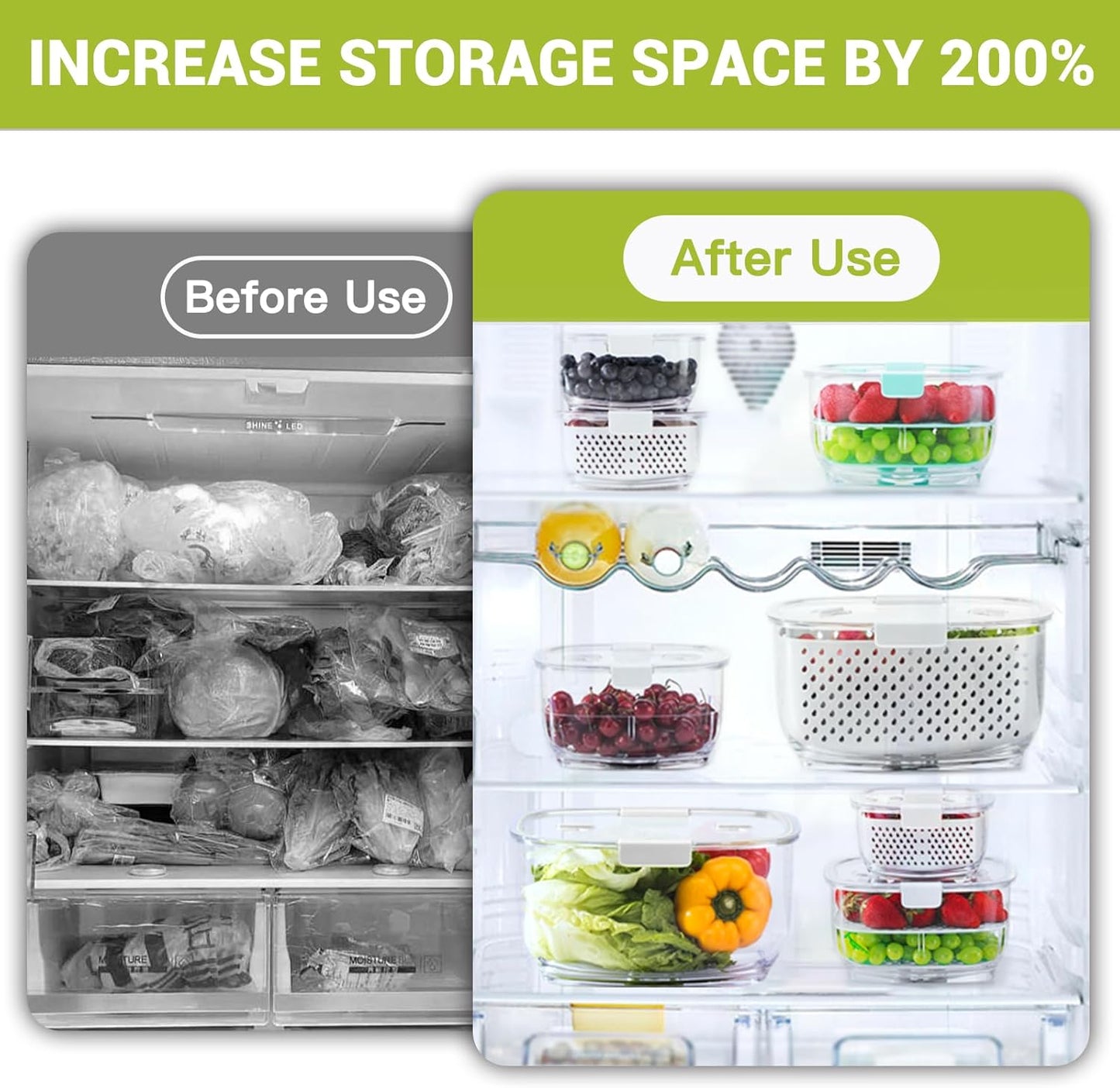 LUXEAR Fresh Produce Vegetable Fruit Storage Containers 3Piece Set, BPA-free Fridge Storage Container, Partitioned Salad Container, Fridge Organizers, Used in Storing Fruits Vegetables, Green