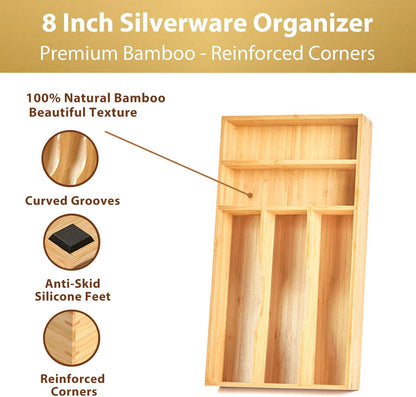 Umilife Bamboo Kitchen Drawer Organizer, 7 Inch Silverware Utensils Tray Holder for Small Drawer, Wood Caddy for Flatware Cutlery Knives