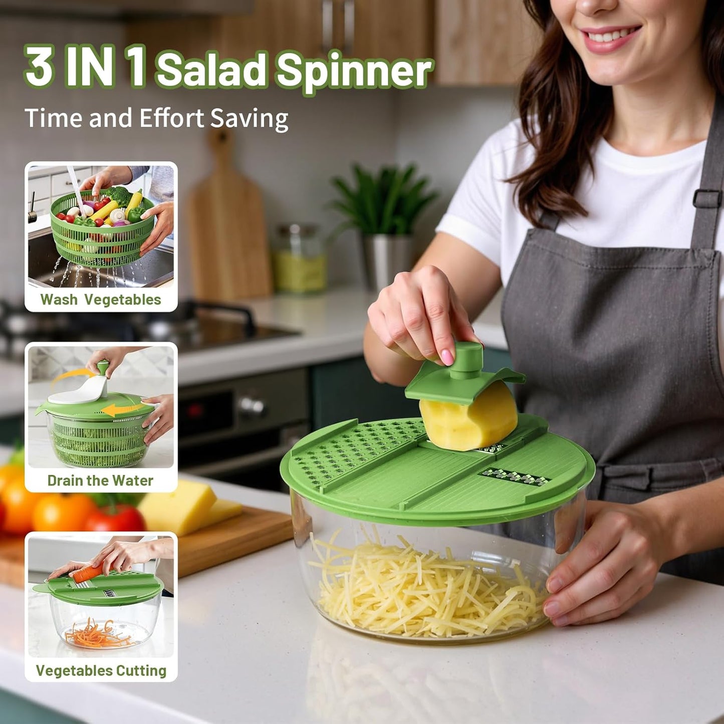 Salad Spinner, 5.3 QT Lettuce Spinner with Strainer, Fruit Cleaner with 4 Replaceable Blade for Shredding, Slicing and Pureeing, Salad Washer & Dryer for Quick Washing (Green)