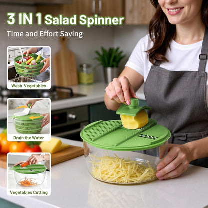 Salad Spinner, 5.3 QT Lettuce Spinner with Strainer, Fruit Cleaner with 4 Replaceable Blade for Shredding, Slicing and Pureeing, Salad Washer & Dryer for Quick Washing (Green)