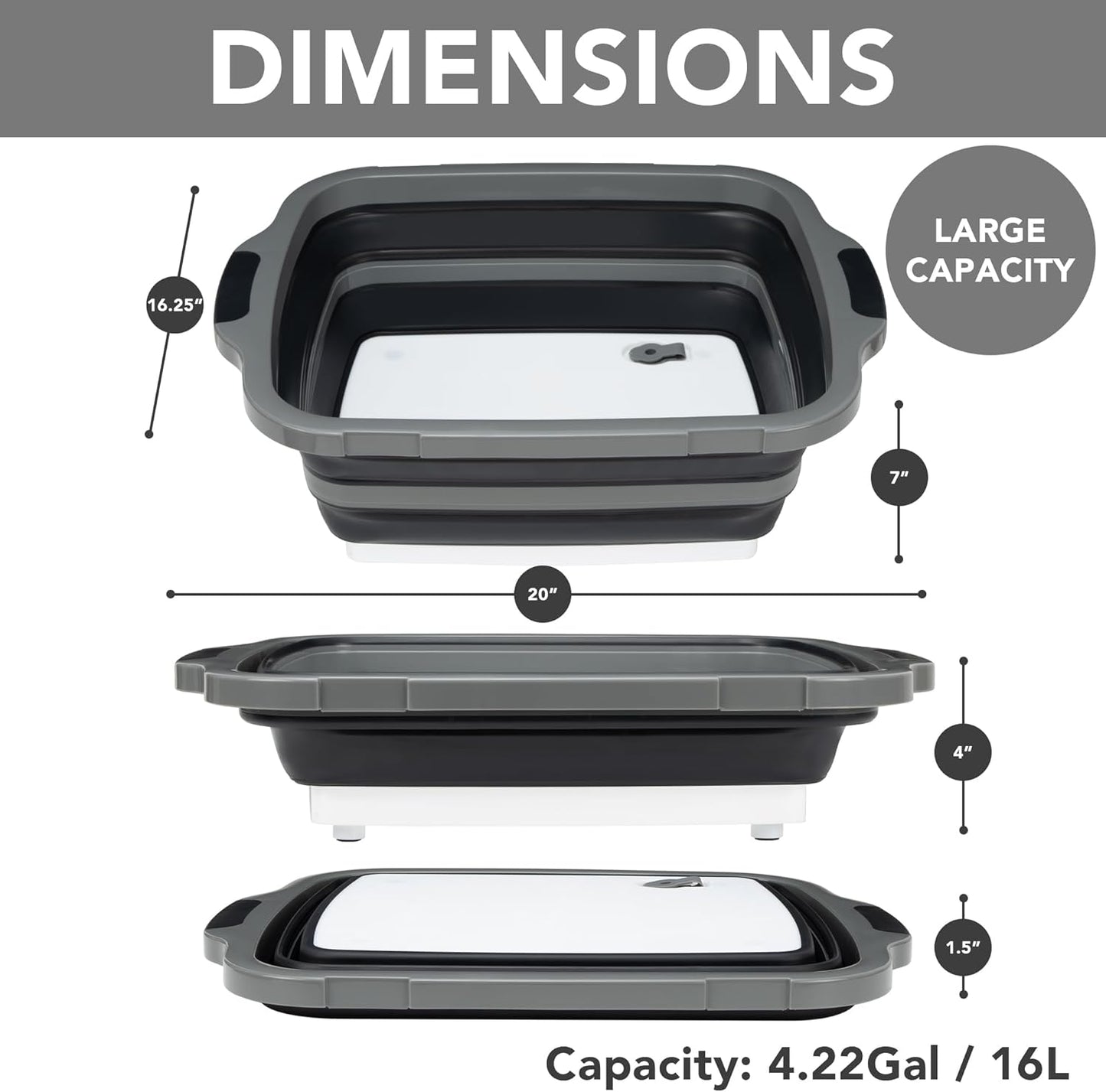 Collapsible Cutting Board(2.11 Gal/8L), BBQ Prep Tub with Locking Lid, Foldable Camping Sink with Colander, Multifunction Dish Basin for Kitchen, Bowl, Vegetable and Fruit, Storage Basket for Picnic