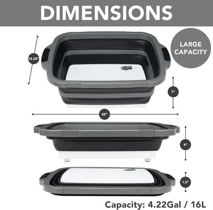 Collapsible Cutting Board(2.11 Gal/8L), BBQ Prep Tub with Locking Lid, Foldable Camping Sink with Colander, Multifunction Dish Basin for Kitchen, Bowl, Vegetable and Fruit, Storage Basket for Picnic
