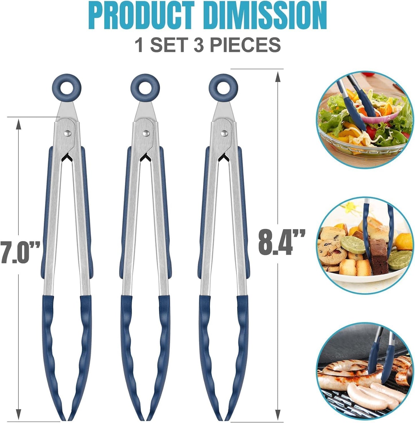 Hotec Silicone Kitchen Tongs for Cooking 9-Inch Serving Tongs with Silicone Tips, Set of 3 (Gradient Blue)