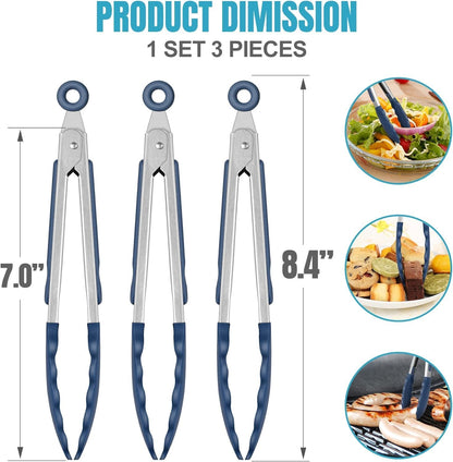 Hotec Silicone Kitchen Tongs for Cooking 9-Inch Serving Tongs with Silicone Tips, Set of 3 (Gradient Blue)