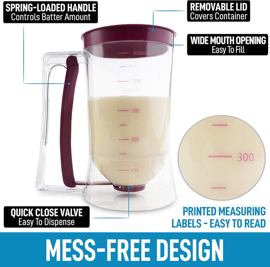 Zulay Kitchen 4 Cup Pancake Batter Dispenser With Squeeze Handle - Pancake Dispenser For Batter With Measuring Label - Pancake Batter Mixer Dispenser Bottle For Cupcakes, Crepes, Waffles & More