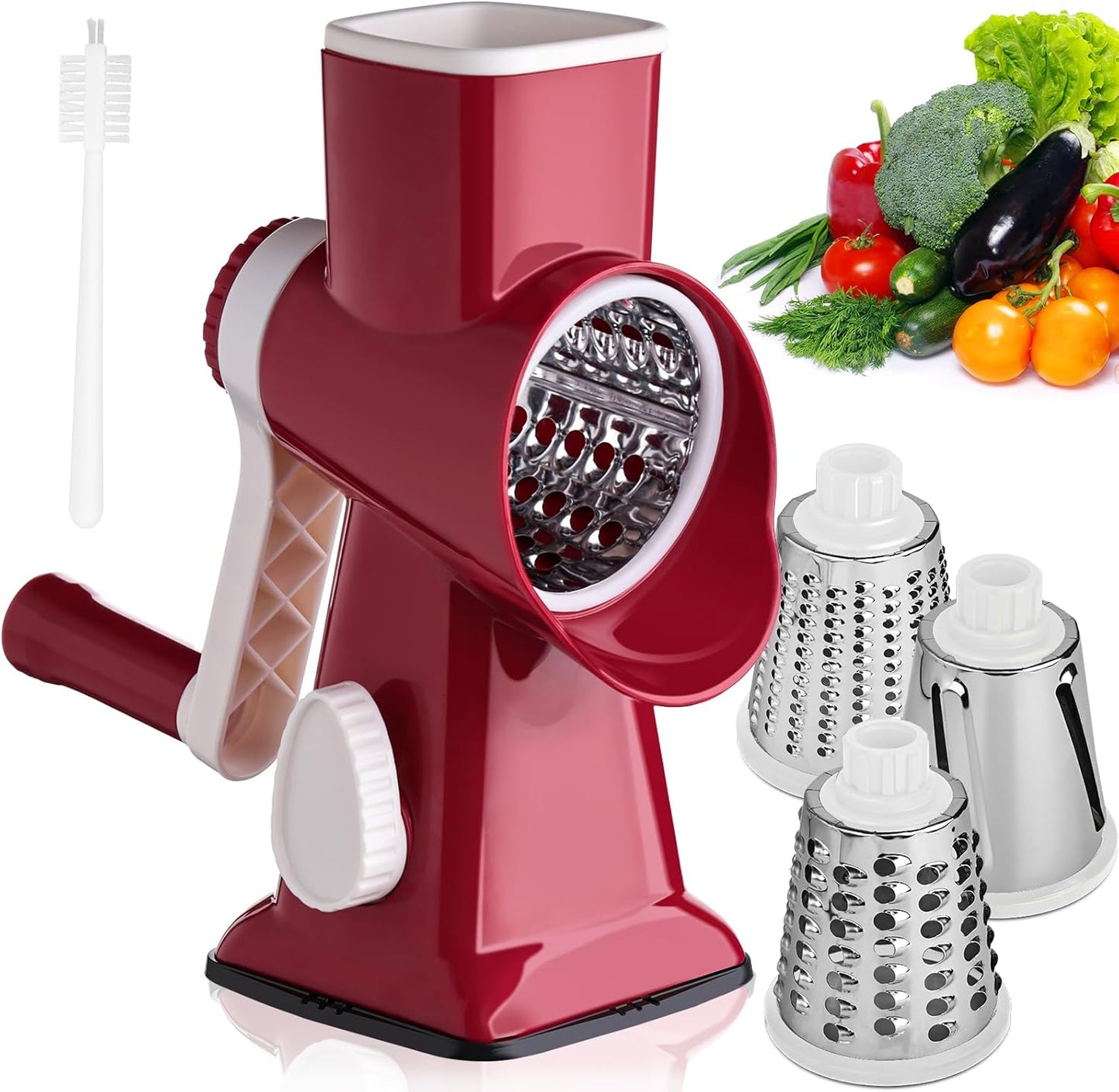 HANSGO Rotary Cheese Grater Hand Crank, Shredder Slicer Grinder, 3 Large Diameter Metal Blades & Cleaning Brush, Non-slip Suction Base, Labor-Saving Handle, Kitchen Gadgets for Cheese, Vegetable, Nuts