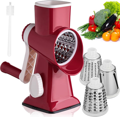 HANSGO Rotary Cheese Grater Hand Crank, Shredder Slicer Grinder, 3 Large Diameter Metal Blades & Cleaning Brush, Non-slip Suction Base, Labor-Saving Handle, Kitchen Gadgets for Cheese, Vegetable, Nuts