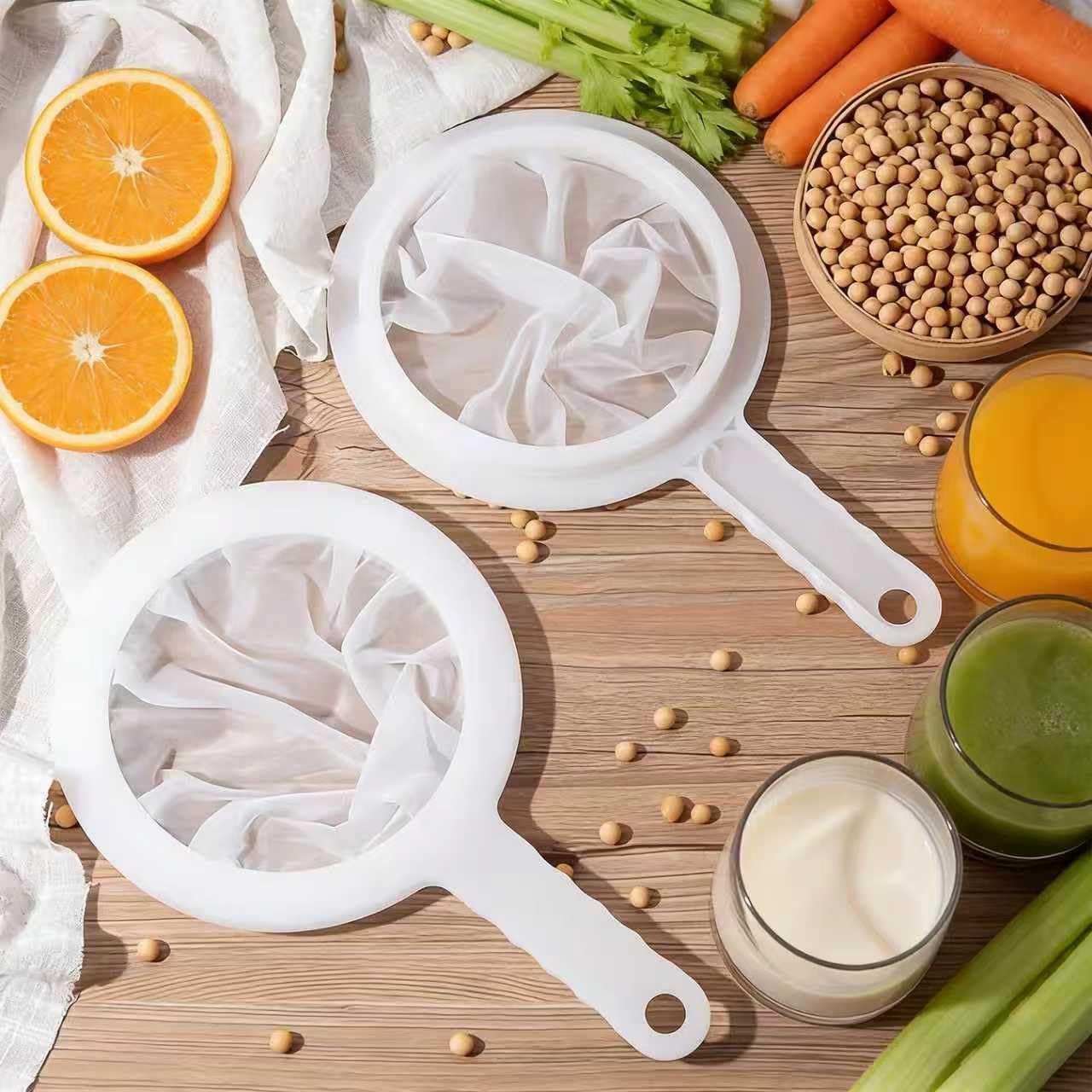 Fine Mesh Strainer with Handle, Nylon Filter Sieve for Kitchen Use, Ideal for Coffee Soy Milk Yogurt Juice Filtering (200Mesh-2PCS)