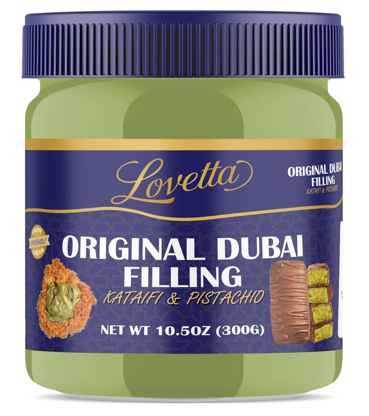 Lovetta Dubai Filling Pistachio & Knafeh 10.6oz (300g) Jar – Dubai Chocolate Bar Spread, Rich Pistachio & Knafeh Cream, Gourmet Filling for Desserts, Pastries & Kataifi Bars – Ready to Use