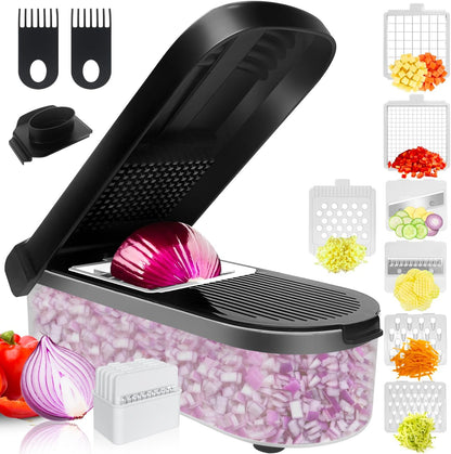 LHS Vegetable Chopper Multifunctional Food Chopper Onion Chopper Vegetable Slicer Dicer Cutter Potato Cutter Veggie Chopper with Container with Spiralizer (12 in 1, Black)