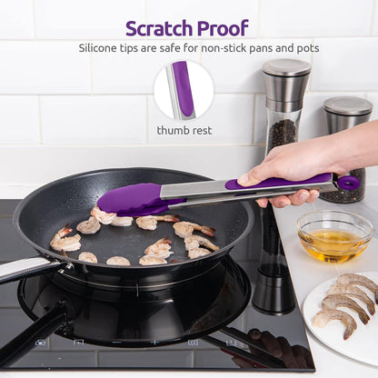 600ºF Heat Resistant Kitchen Tongs: U-Taste 9 inch Silicone Cooking Tong with Firm Sealed Non Stick Rubber Tips & Silicon Coated 18/8 Stainless Steel Handle & Smooth Locking for Serving Salad (Black)