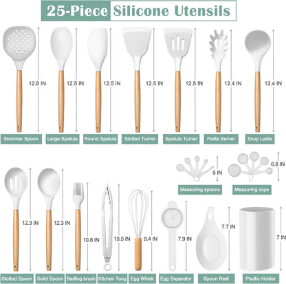 E-far Silicone Cooking Utensils Set, 10-Piece Heat Resistant Kitchen Utensils Set with Wooden Handle for Nonstick Cookware, Kitchen Nonstick Tools Spatula Whisk Tongs Ladle, Non-toxic & Healthy(Khaki)