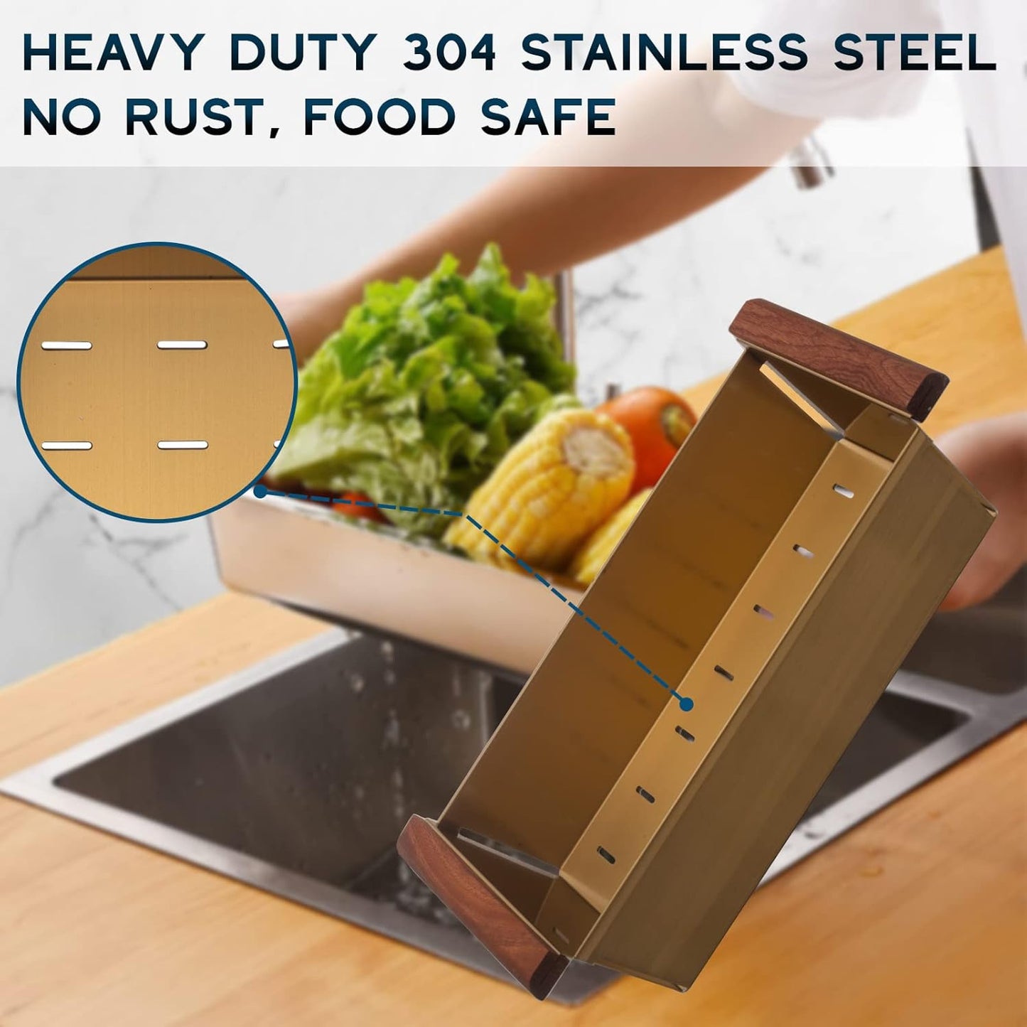 Strictly Sinks Gold Stainless Steel Colander - Premium Quality Over the Sink Colander with Non-Slip Handles, Sink Colander for Kitchen Sink to Rinse Fruits & Vegetables(17-3/8" x 8-1/8" x 4-3/4")
