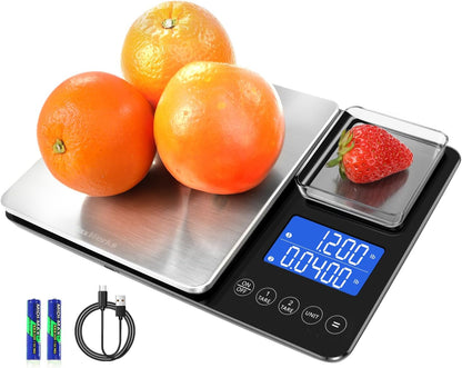 MaxWorks Precision Dual Platform Kitchen Scale Measure Bulk and Fine Ingredients Simultaneously 22 lb Max Capacity Stainless Steel and Glass Digital Scale with USB Charging and 2 Way Power (51069)